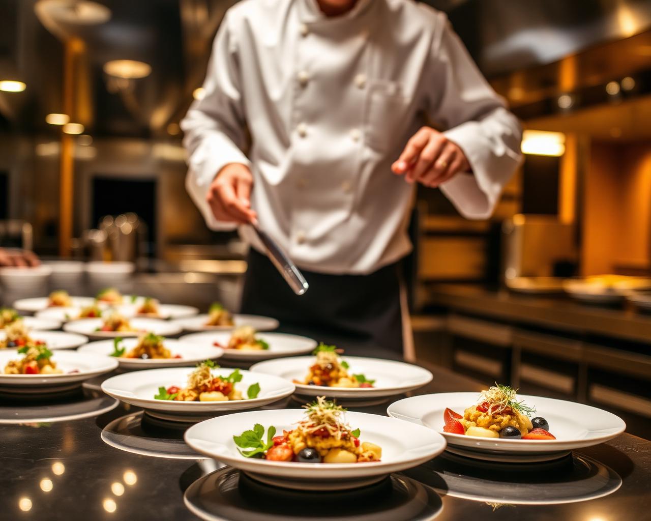 Chef plating gourmet catering dishes